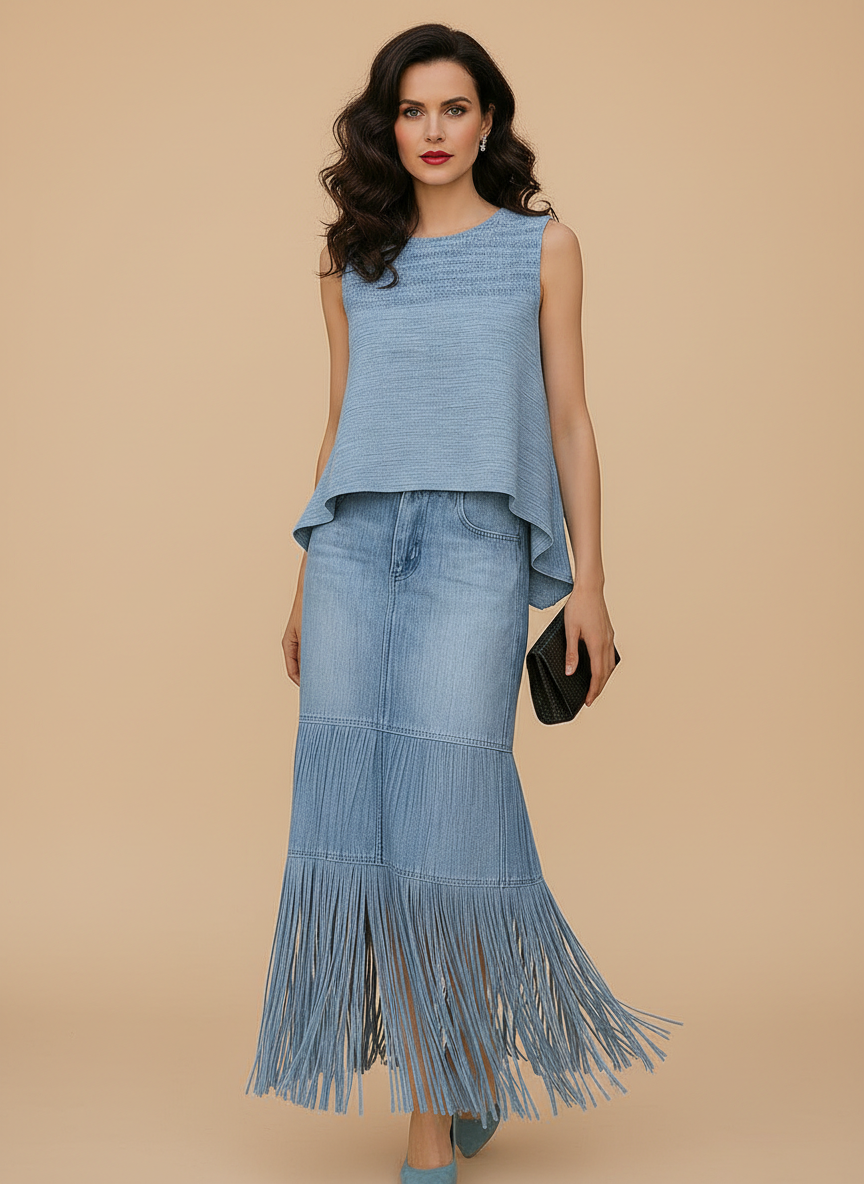 Completo Donna in Denim Due Pezzi con Top Asimmetrico