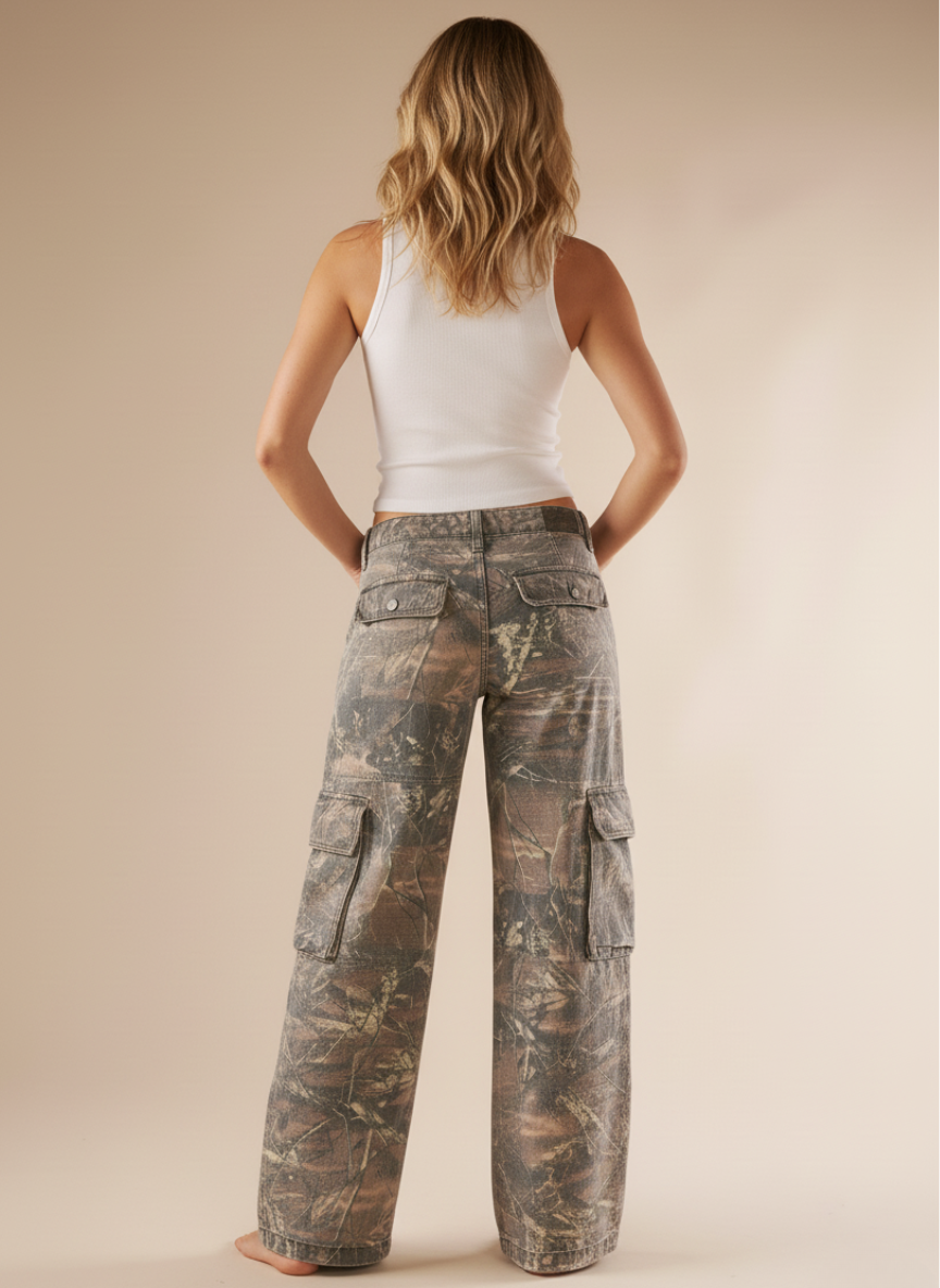 Pantaloni Cargo Donna Camo a Gamba Larga